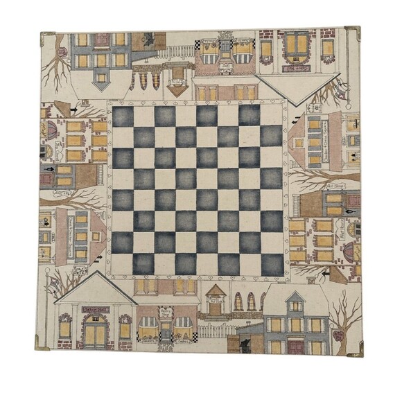 Chess and Checkers Game Board Folk Art Style Illustration of Town Square 15 x 15 - Picture 2 of 9